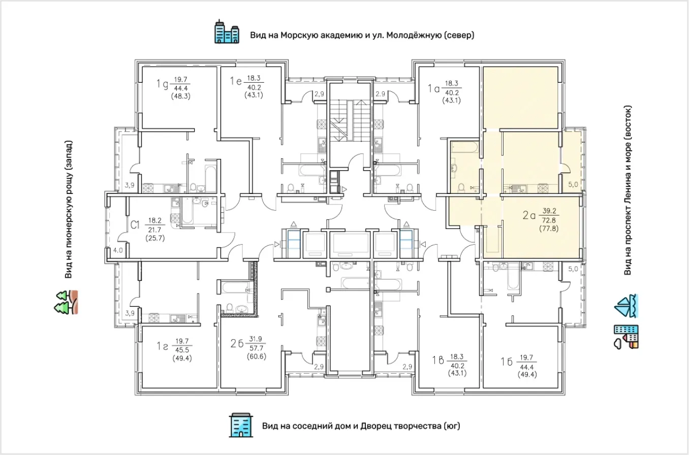 Расположение на этаже: 2-комнатная квартира, 77.8 м²