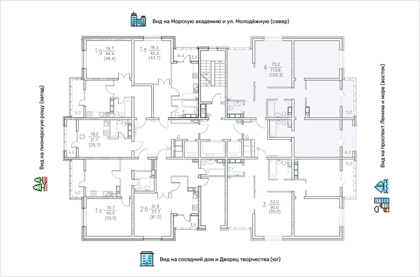 Расположение на этаже: 4-комнатная квартира, 123.3 м²